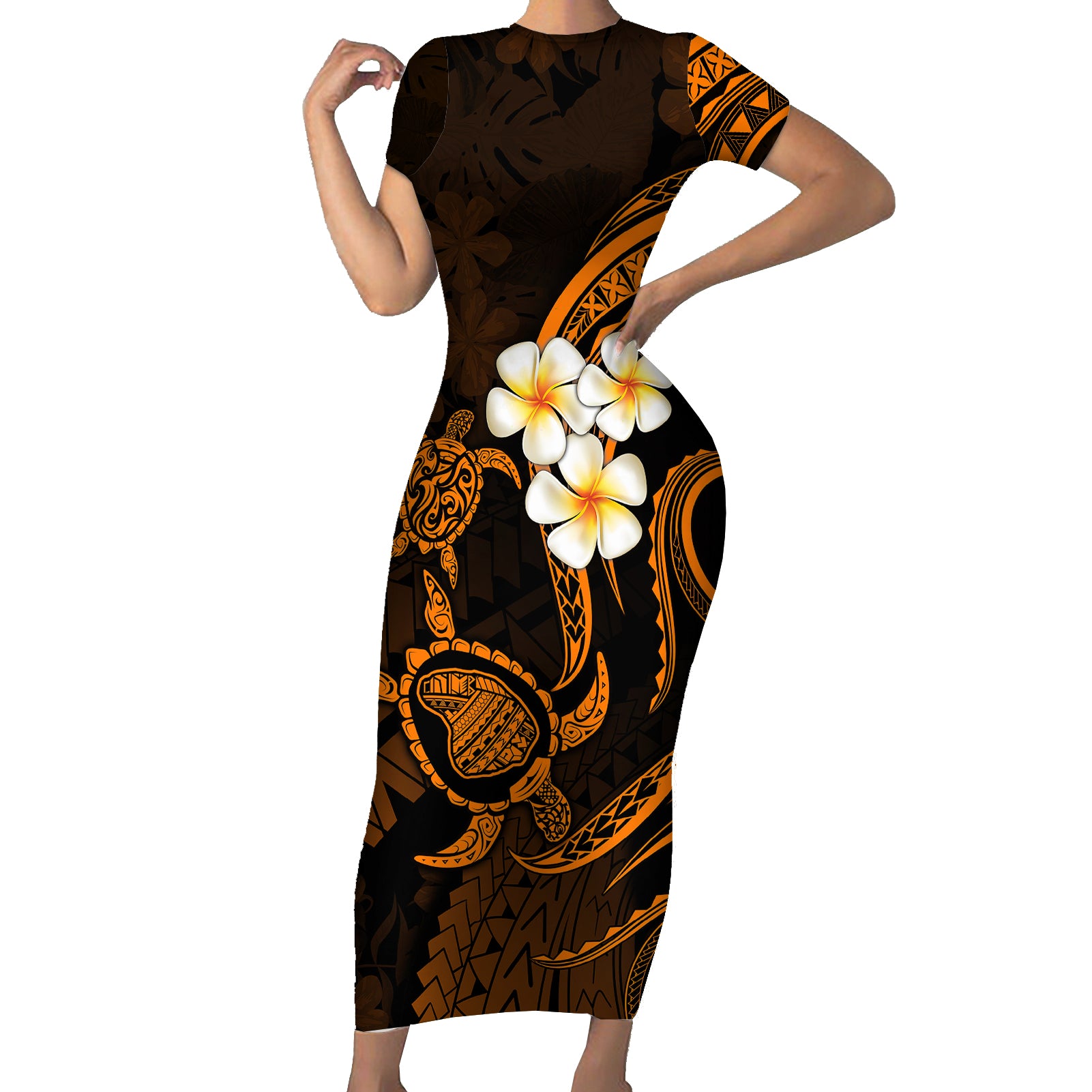 Hawaii Short Sleeve Bodycon Dress Lanai Islands Polynesian Sunset Plumeria Gold Vibe LT9 Long Dress Gold - Polynesian Pride