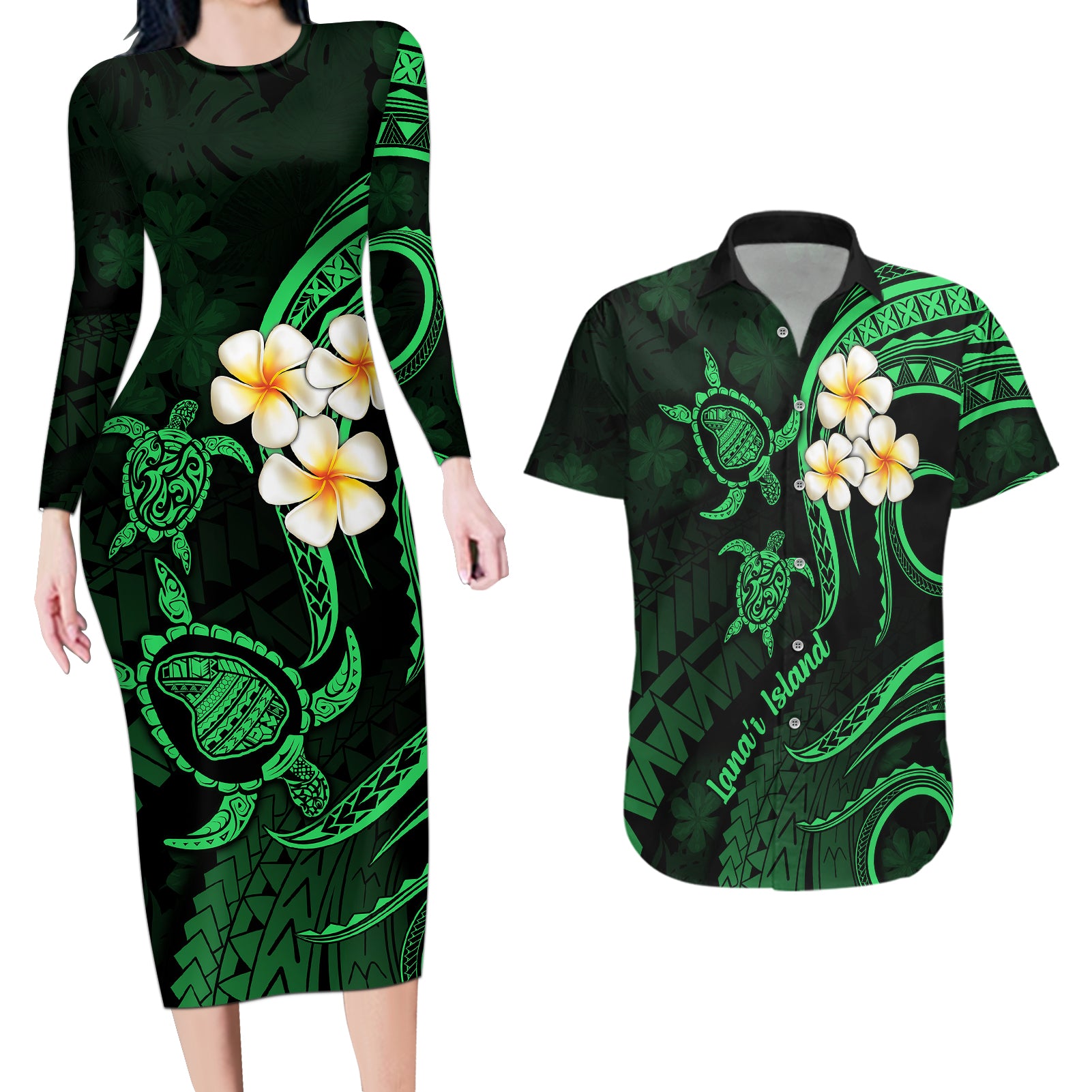 Hawaii Couples Long Sleeve Bodycon Dress and Hawaiian Shirt Lanai Islands Polynesian Sunset Plumeria Green Vibe LT9 Green - Polynesian Pride