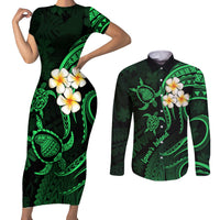 Hawaii Couples Short Sleeve Bodycon Dress and Long Sleeve Button Shirts Lanai Islands Polynesian Sunset Plumeria Green Vibe LT9 Green - Polynesian Pride