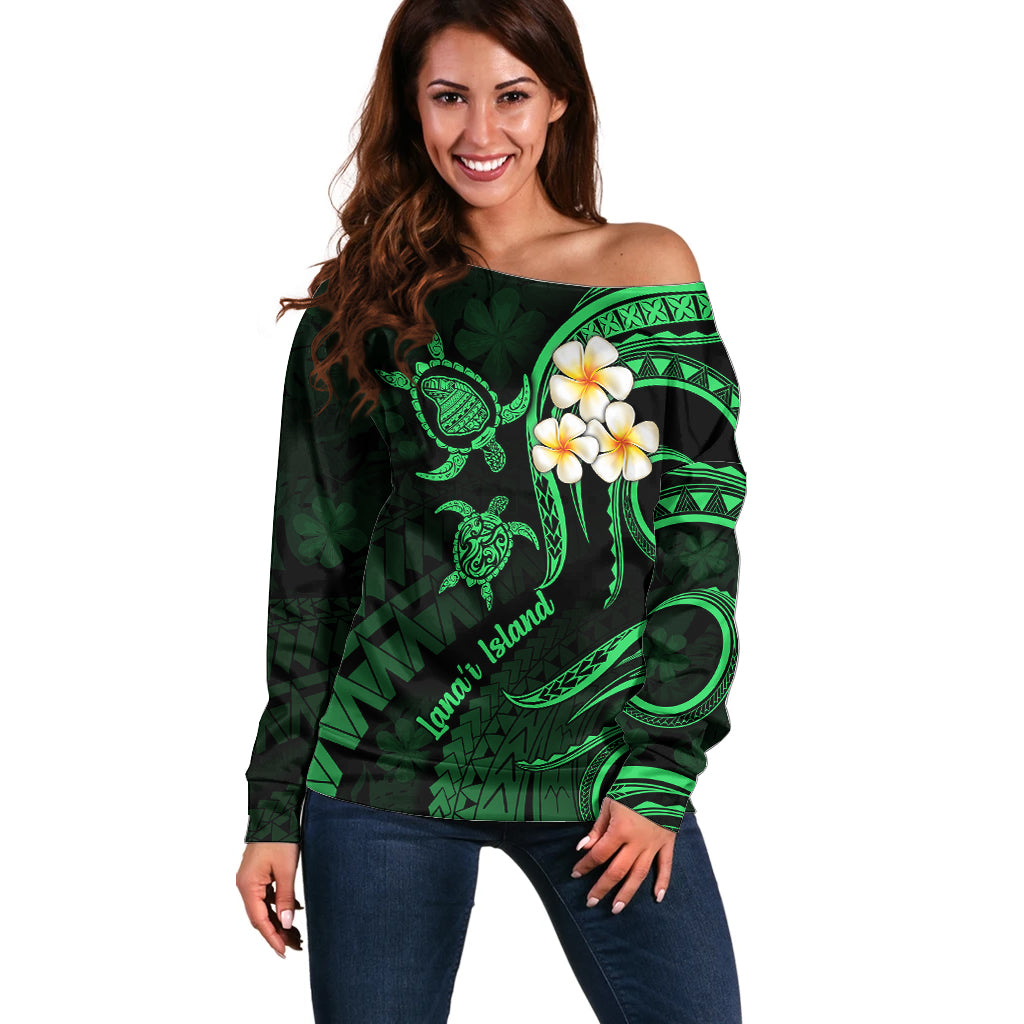 Hawaii Off Shoulder Sweater Lanai Islands Polynesian Sunset Plumeria Green Vibe LT9 Women Green - Polynesian Pride