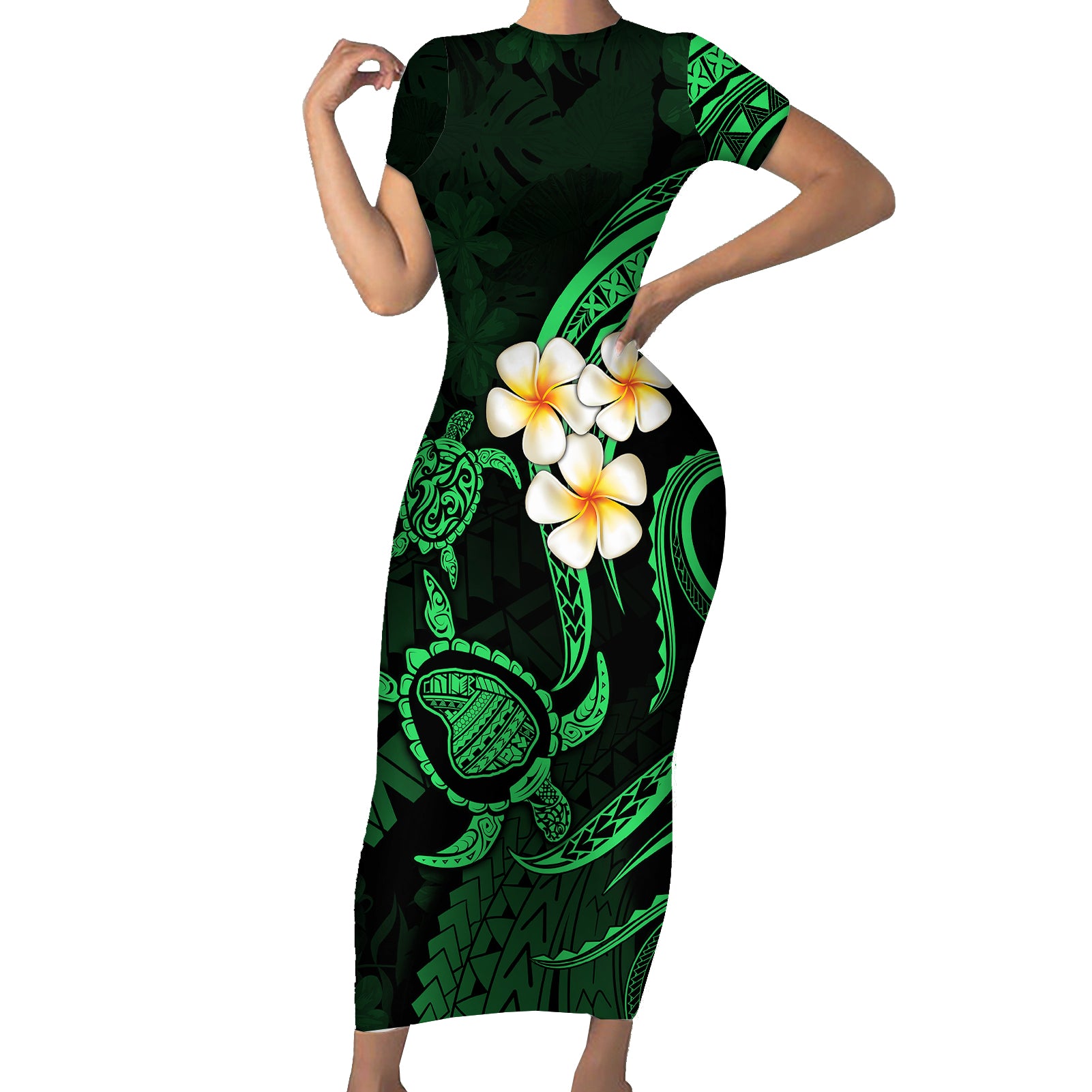 Hawaii Short Sleeve Bodycon Dress Lanai Islands Polynesian Sunset Plumeria Green Vibe LT9 Long Dress Green - Polynesian Pride