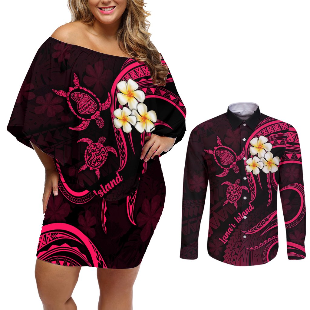 Hawaii Couples Off Shoulder Short Dress and Long Sleeve Button Shirts Lanai Islands Polynesian Sunset Plumeria Pink Vibe LT9 Pink - Polynesian Pride