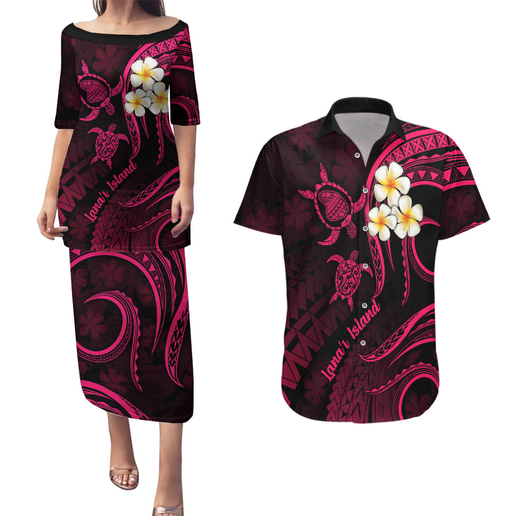 Hawaii Couples Puletasi Dress and Hawaiian Shirt Lanai Islands Polynesian Sunset Plumeria Pink Vibe LT9 Pink - Polynesian Pride