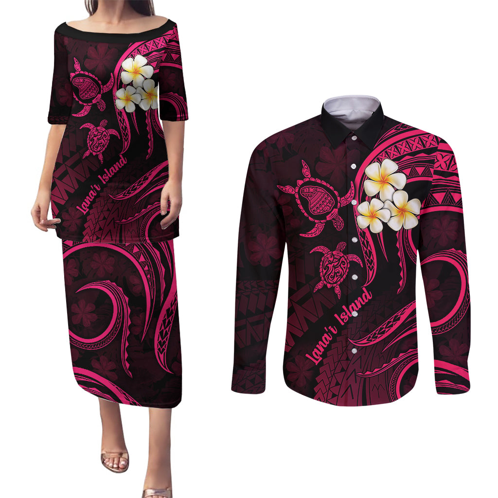Hawaii Couples Puletasi Dress and Long Sleeve Button Shirts Lanai Islands Polynesian Sunset Plumeria Pink Vibe LT9 Pink - Polynesian Pride