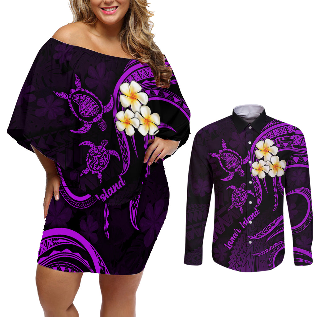 Polynesian Hawaii Couples Off Shoulder Short Dress and Long Sleeve Button Shirts Lanai Islands with Pacific Plumeria Purple Vibe LT9 Purple - Polynesian Pride