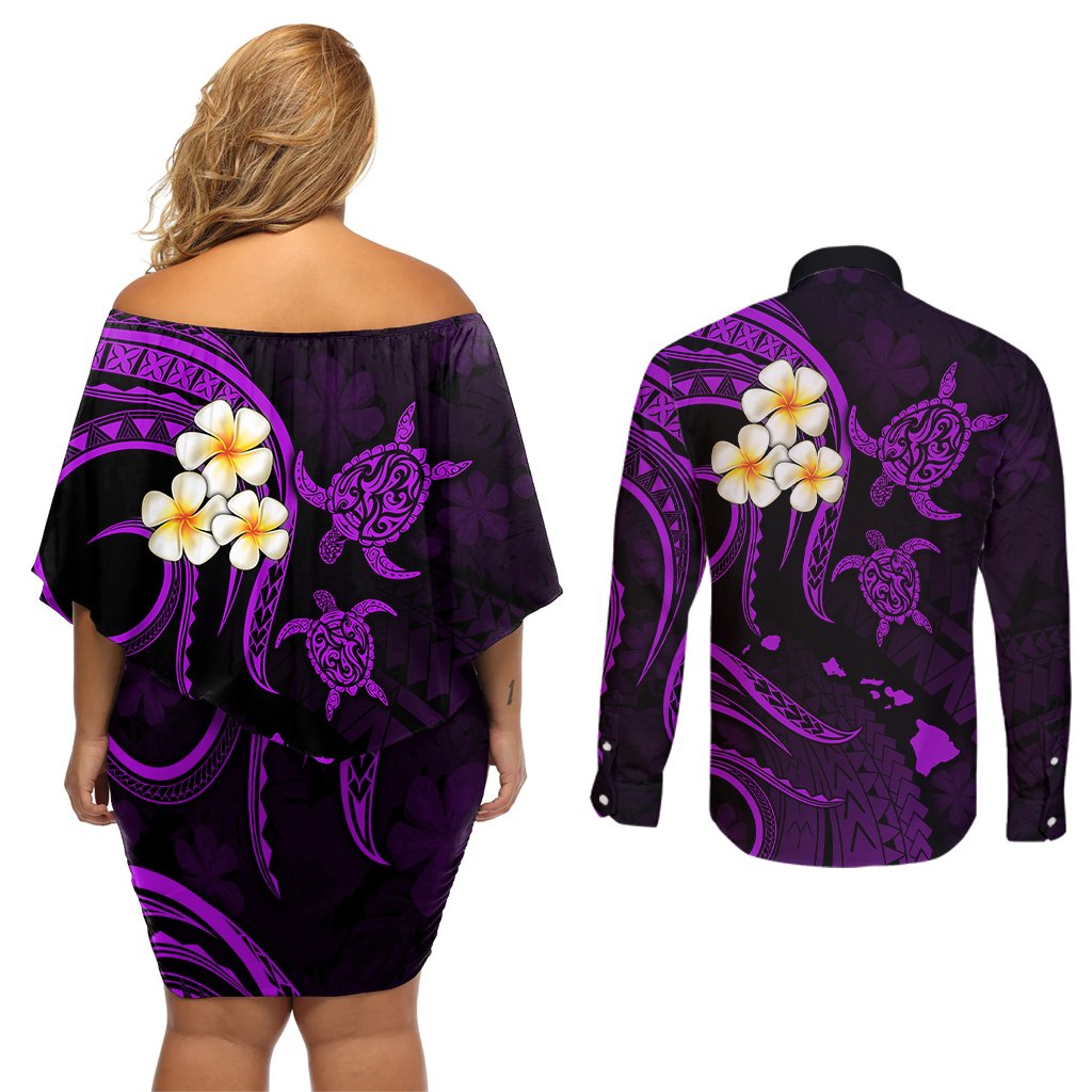 Polynesian Hawaii Couples Off Shoulder Short Dress and Long Sleeve Button Shirts Lanai Islands with Pacific Plumeria Purple Vibe LT9 - Polynesian Pride