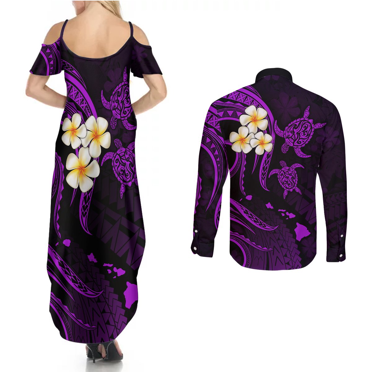 Polynesian Hawaii Couples Summer Maxi Dress and Long Sleeve Button Shirts Lanai Islands with Pacific Plumeria Purple Vibe LT9 - Polynesian Pride