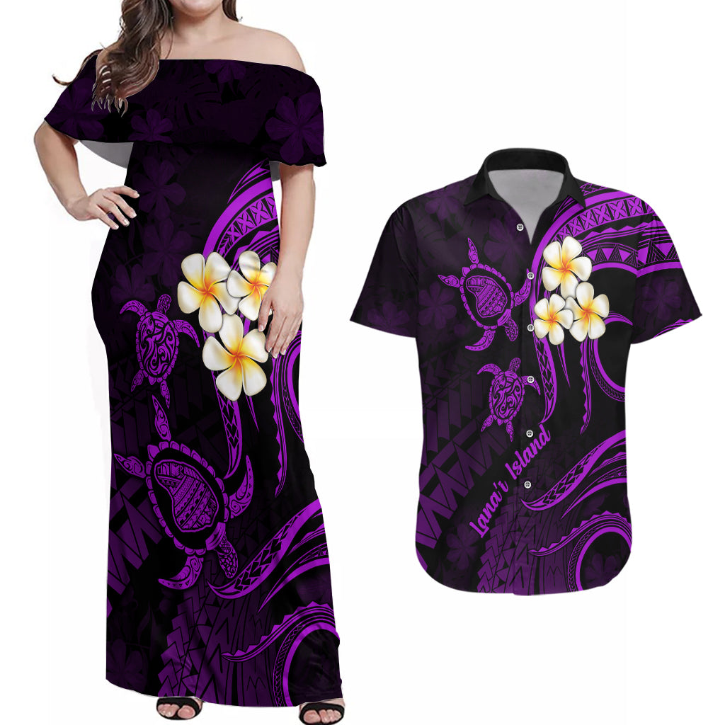 Polynesian Hawaii Couples Off Shoulder Maxi Dress and Hawaiian Shirt Lanai Islands with Pacific Plumeria Purple Vibe LT9 Purple - Polynesian Pride