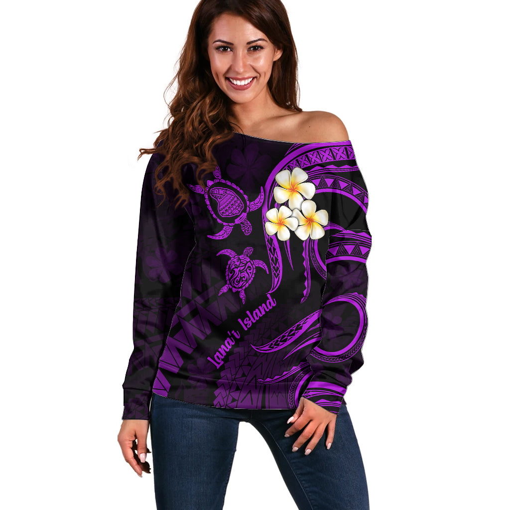 Polynesian Hawaii Off Shoulder Sweater Lanai Islands with Pacific Plumeria Purple Vibe LT9 Women Purple - Polynesian Pride