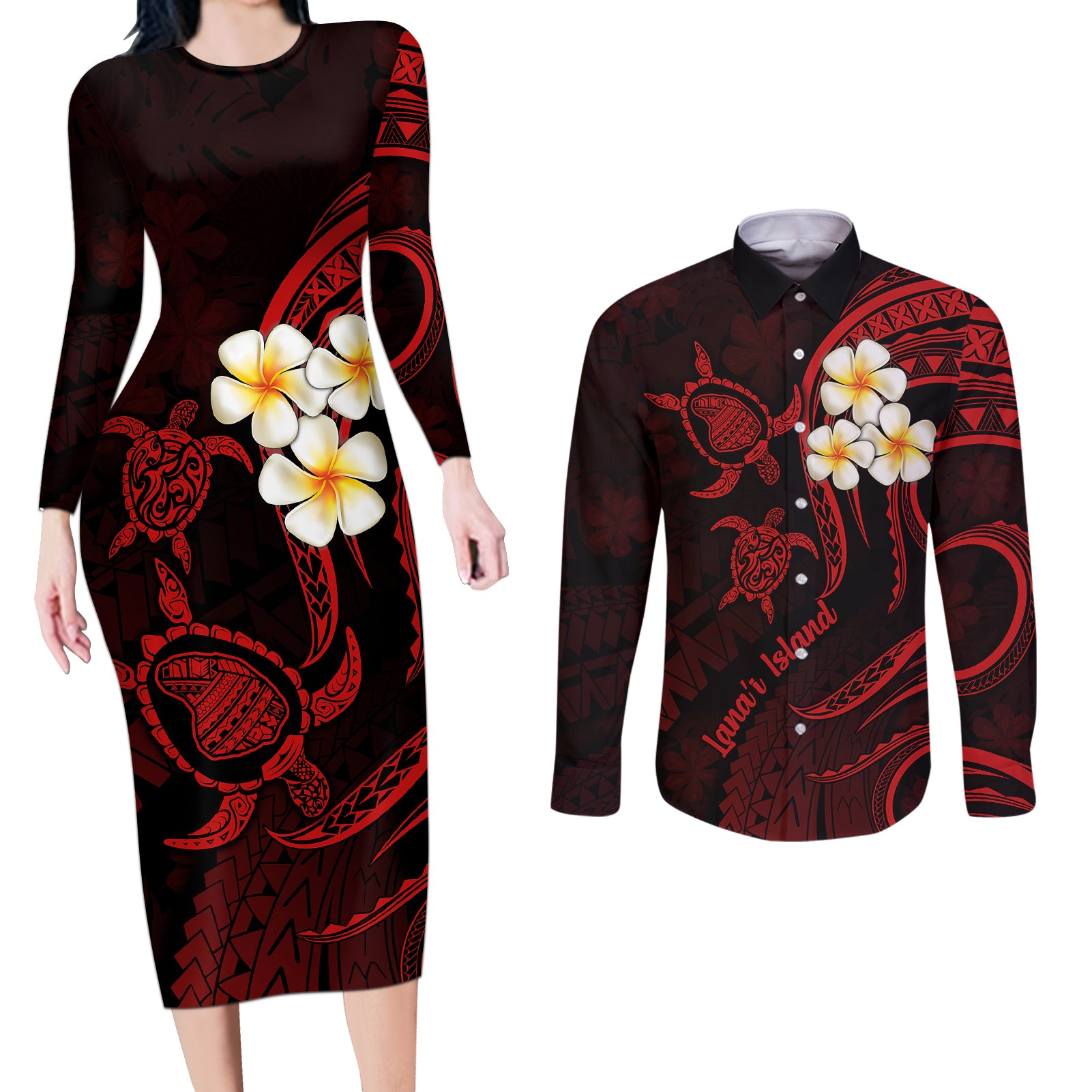 Polynesian Hawaii Couples Long Sleeve Bodycon Dress and Long Sleeve Button Shirts Lanai Islands with Pacific Plumeria Red Vibe LT9 Red - Polynesian Pride