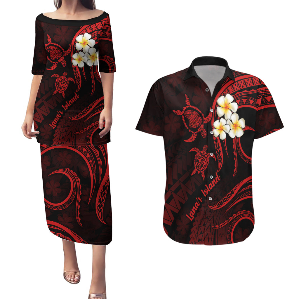 Polynesian Hawaii Couples Puletasi Dress and Hawaiian Shirt Lanai Islands with Pacific Plumeria Red Vibe LT9 Red - Polynesian Pride