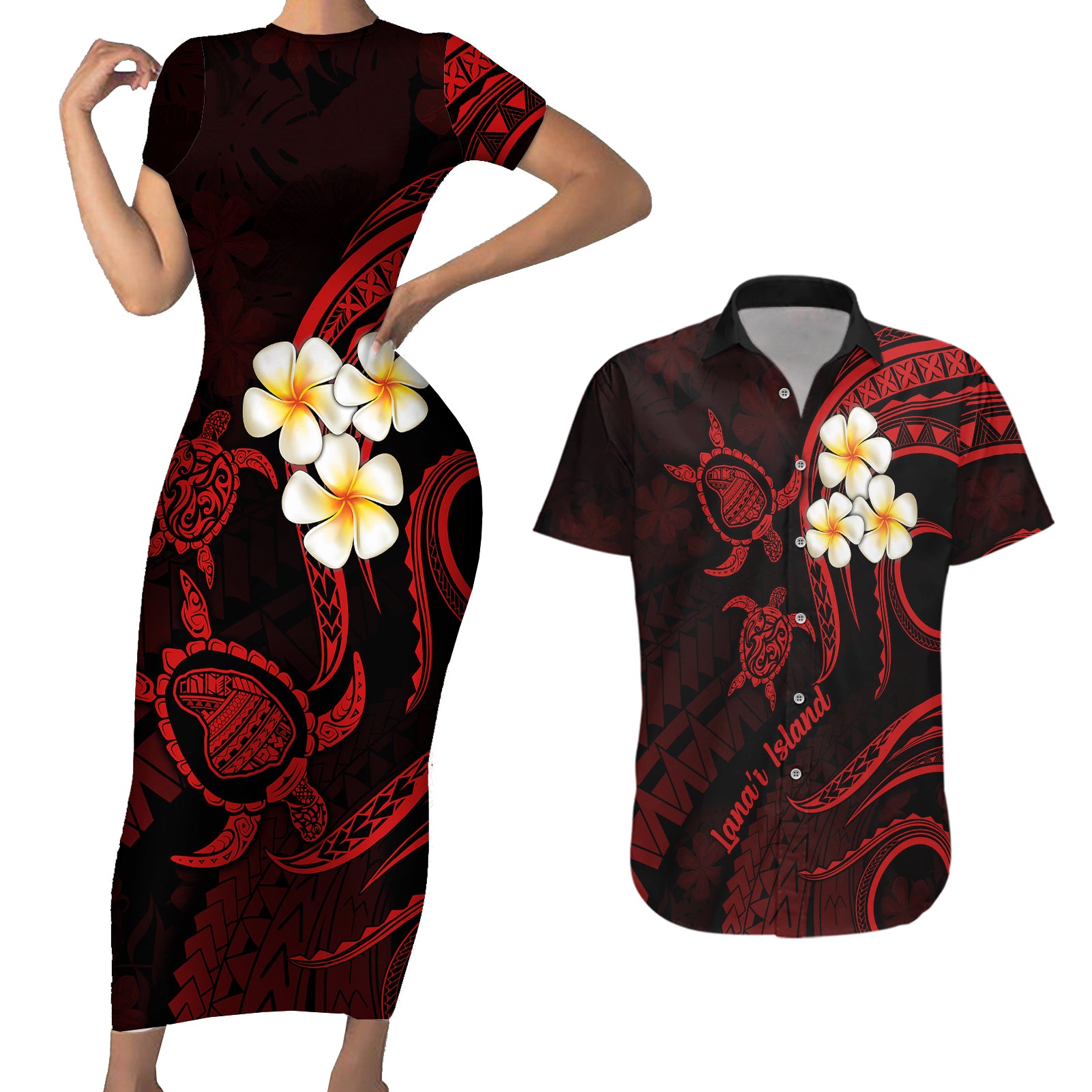 Polynesian Hawaii Couples Short Sleeve Bodycon Dress and Hawaiian Shirt Lanai Islands with Pacific Plumeria Red Vibe LT9 Red - Polynesian Pride