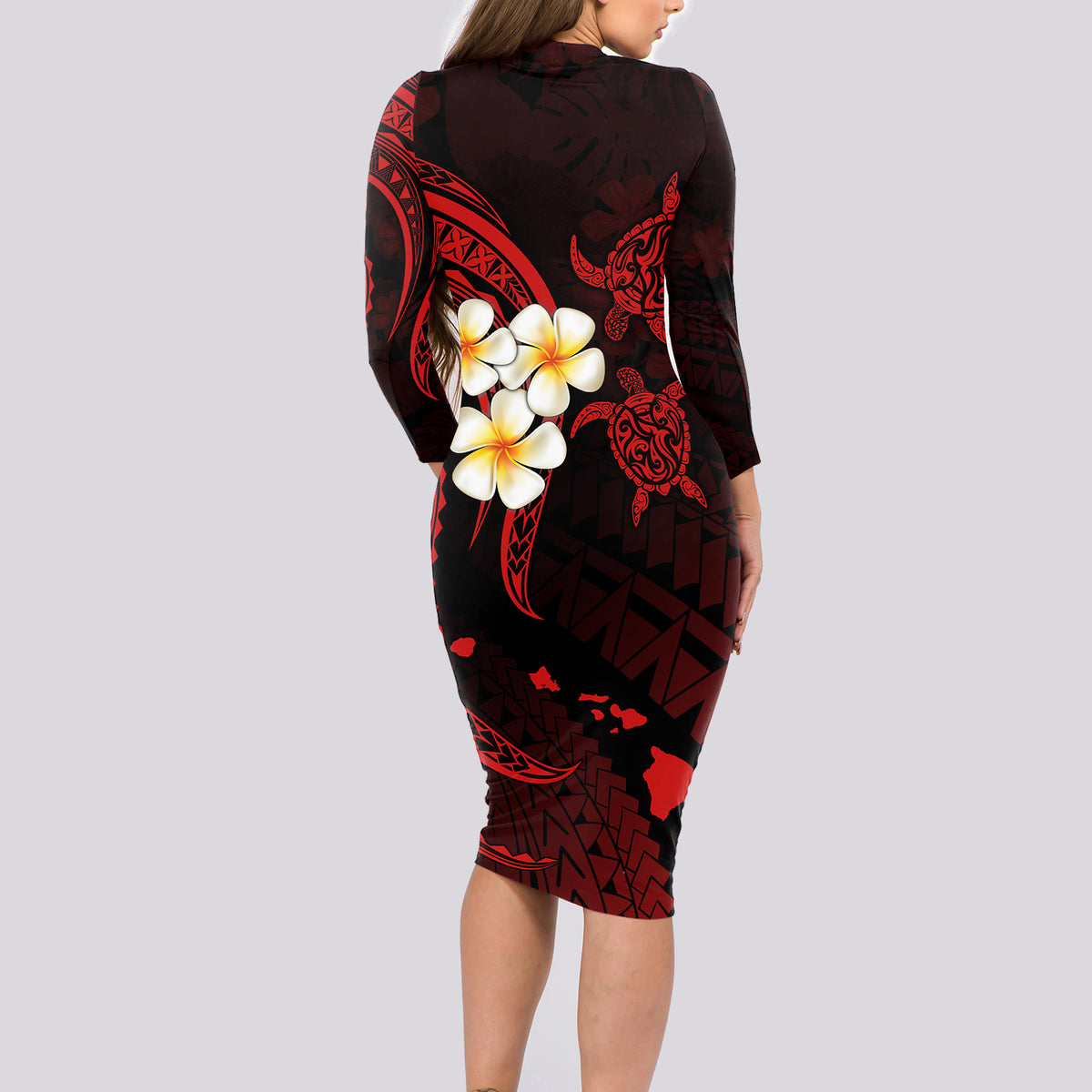 Polynesian Hawaii Long Sleeve Bodycon Dress Lanai Islands with Pacific Plumeria Red Vibe LT9 - Polynesian Pride