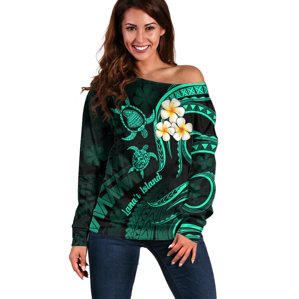 Polynesian Hawaii Off Shoulder Sweater Lanai Islands with Pacific Plumeria Turquoise Vibe LT9 Women Turquoise - Polynesian Pride