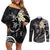 Polynesian Hawaii Couples Off Shoulder Short Dress and Long Sleeve Button Shirts Lanai Islands with Pacific Plumeria White Vibe LT9 White - Polynesian Pride