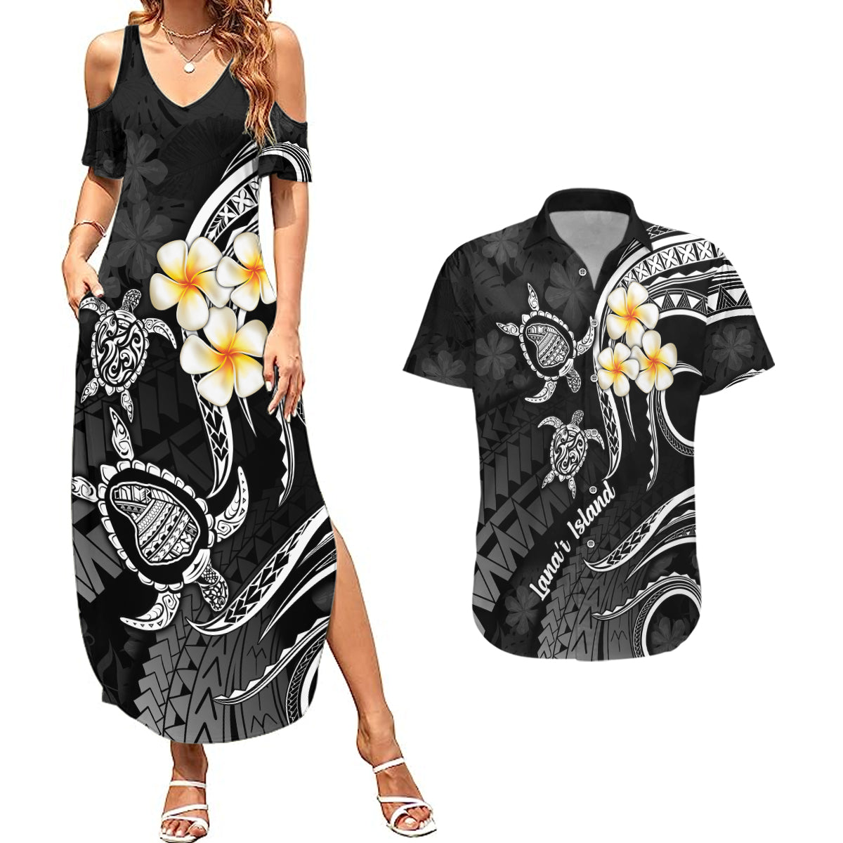 Polynesian Hawaii Couples Summer Maxi Dress and Hawaiian Shirt Lanai Islands with Pacific Plumeria White Vibe LT9 White - Polynesian Pride