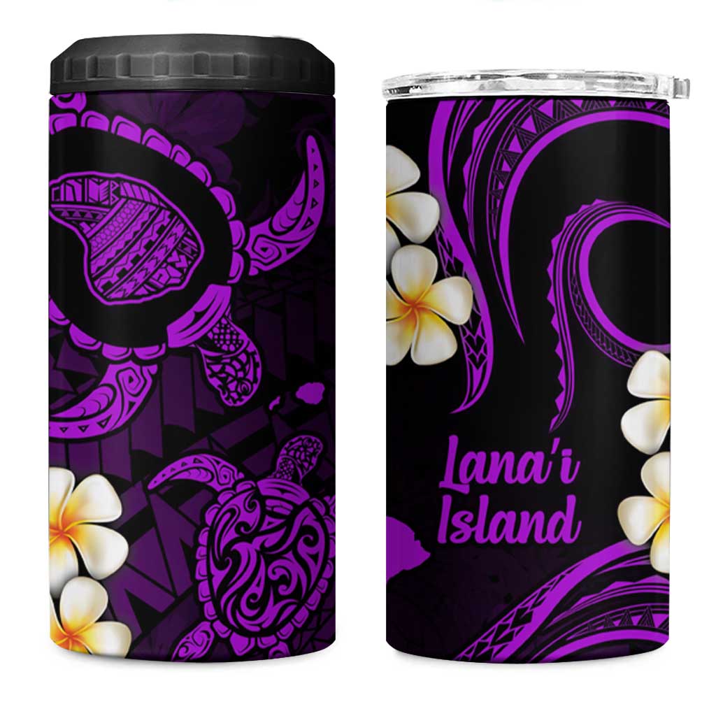 Hawaii Lanaʻi Islands Pacific Plumeria 4 in 1 Can Cooler Tumbler Purple Polynesian Tattoo