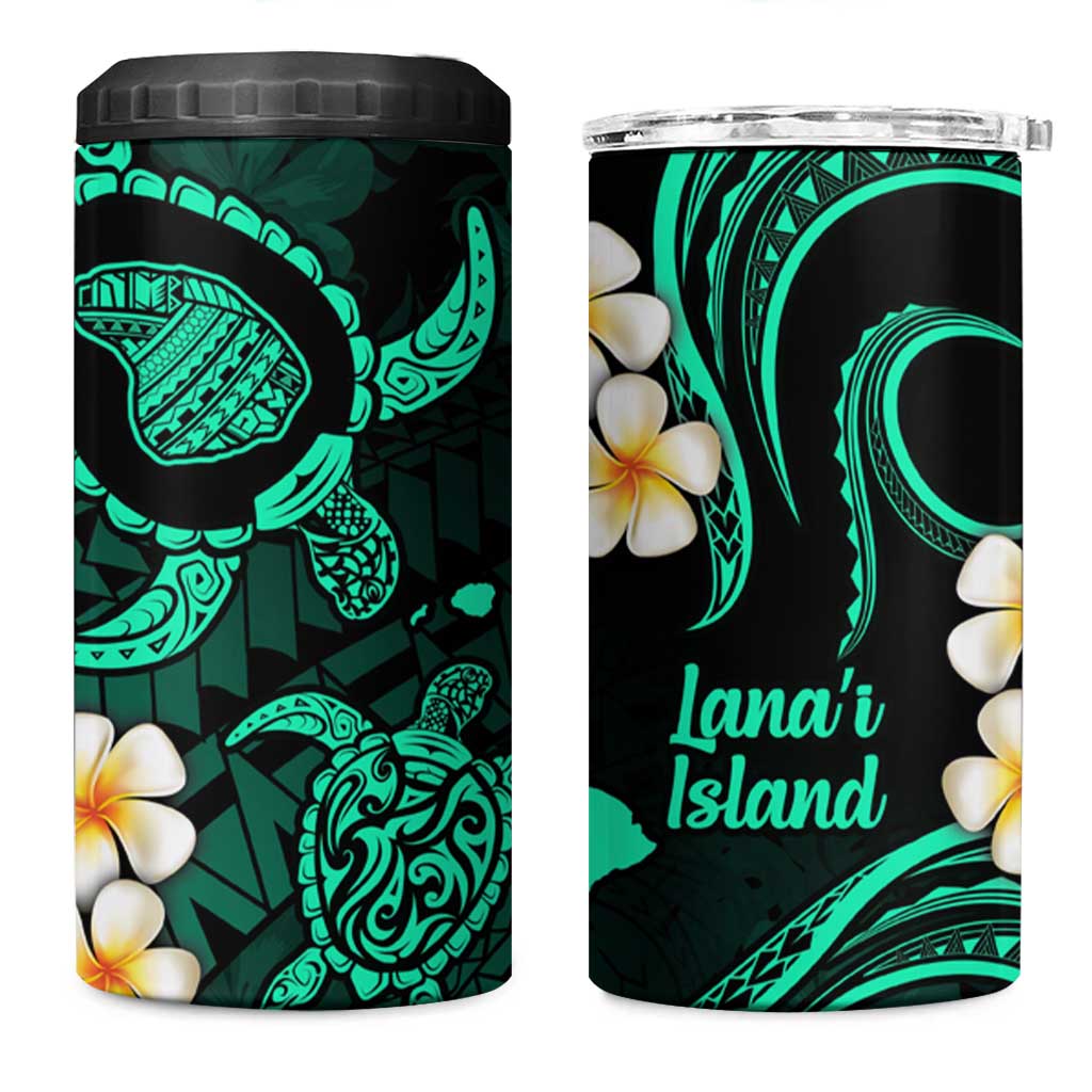 Hawaii Lanaʻi Islands Pacific Plumeria 4 in 1 Can Cooler Tumbler Turquoise Polynesian Tattoo