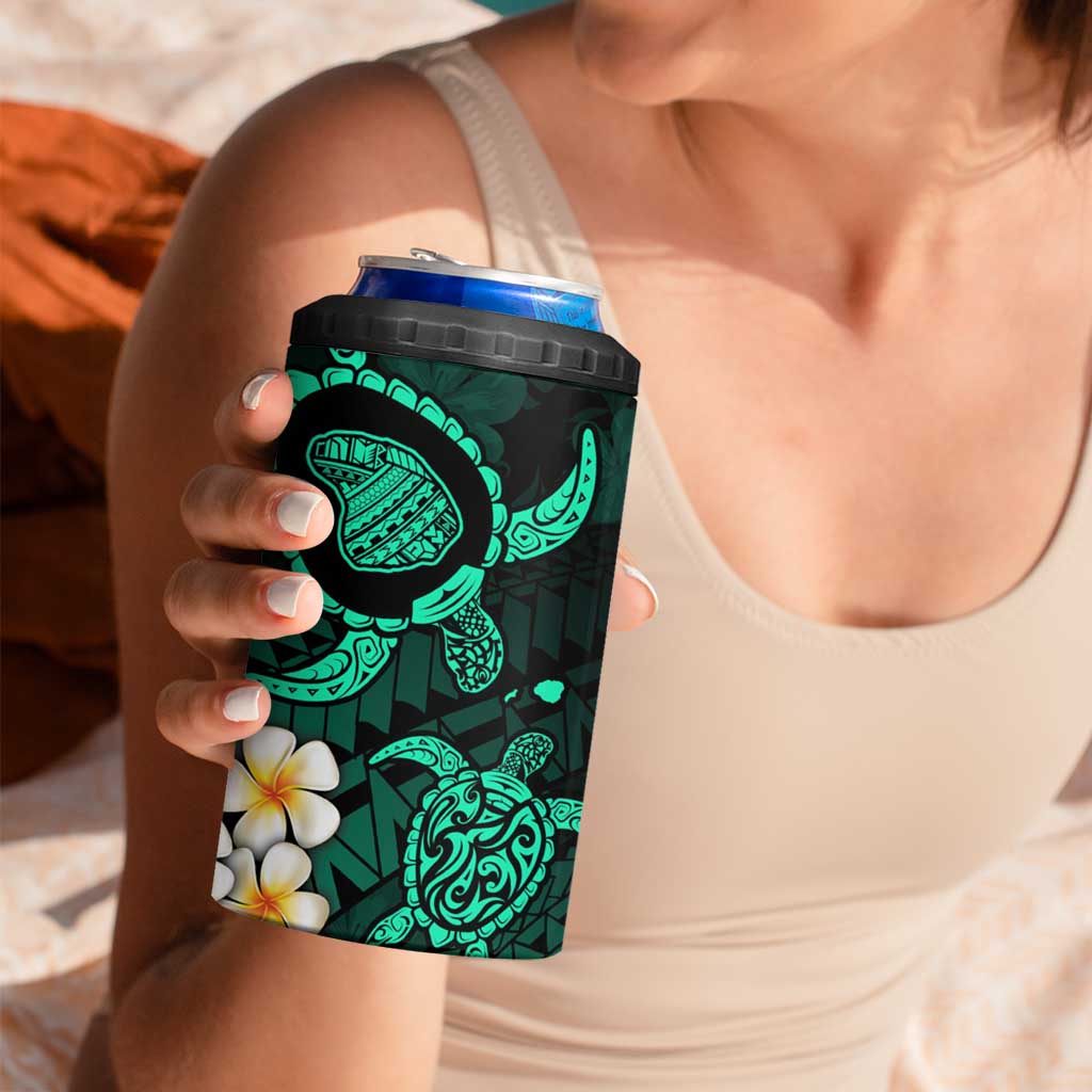 Hawaii Lanaʻi Islands Pacific Plumeria 4 in 1 Can Cooler Tumbler Turquoise Polynesian Tattoo