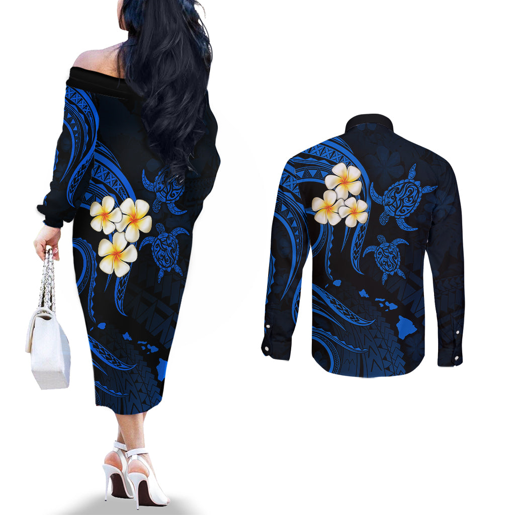 Hawaii Couples Off The Shoulder Long Sleeve Dress and Long Sleeve Button Shirts Kauai Islands Polynesian Sunset Plumeria LT9 - Polynesian Pride