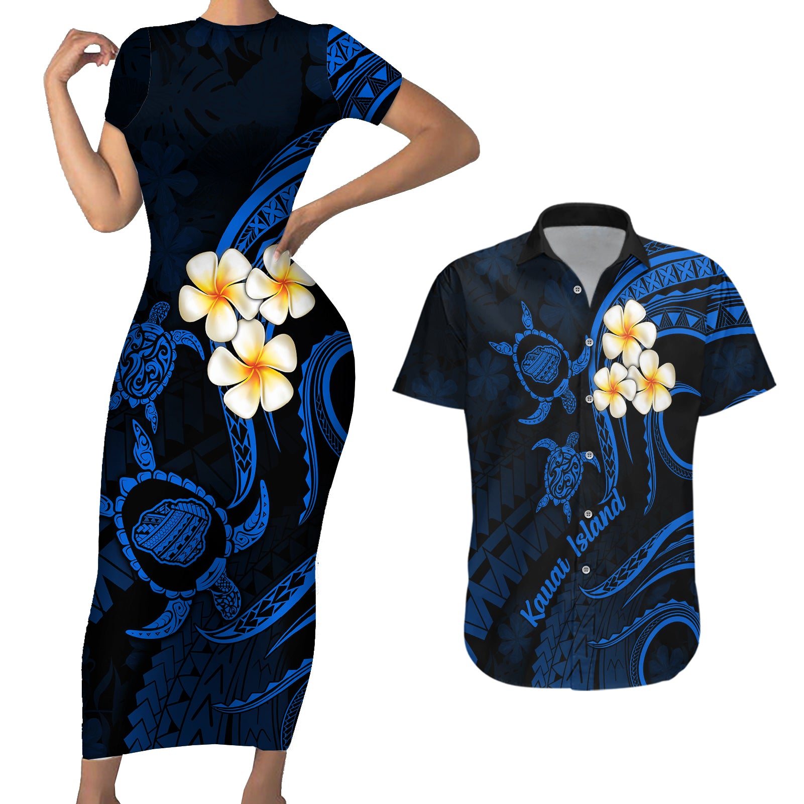 Hawaii Couples Short Sleeve Bodycon Dress and Hawaiian Shirt Kauai Islands Polynesian Sunset Plumeria LT9 Blue - Polynesian Pride