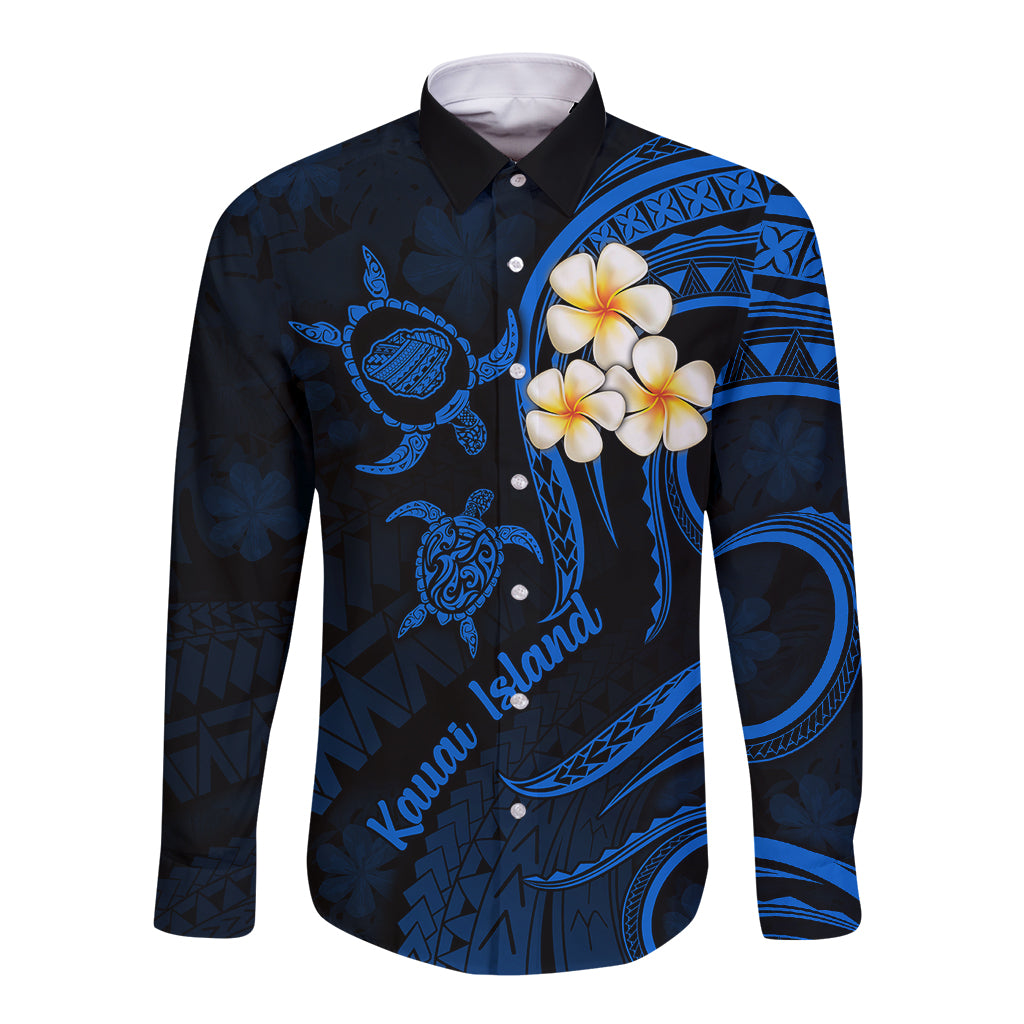 Hawaii Long Sleeve Button Shirt Kauai Islands Polynesian Sunset Plumeria LT9 Unisex Blue - Polynesian Pride