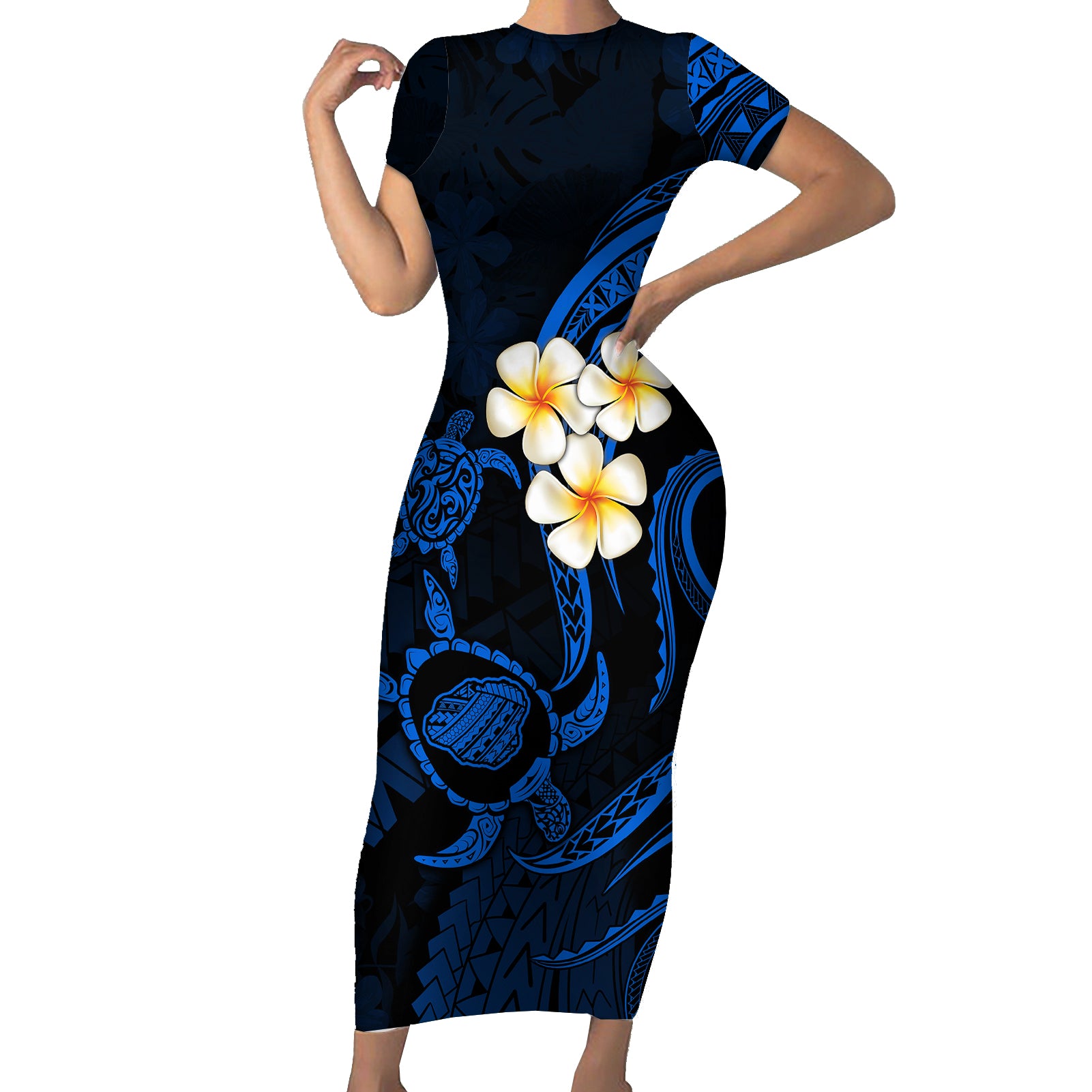 Hawaii Short Sleeve Bodycon Dress Kauai Islands Polynesian Sunset Plumeria LT9 Long Dress Blue - Polynesian Pride