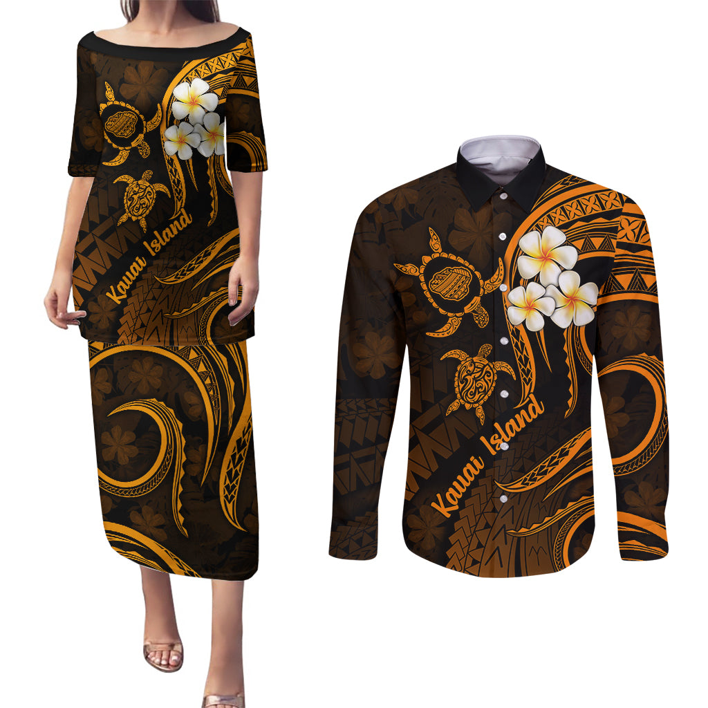 Hawaii Couples Puletasi Dress and Long Sleeve Button Shirts Kauai Islands Polynesian Sunset Plumeria Gold Vibe LT9 Gold - Polynesian Pride