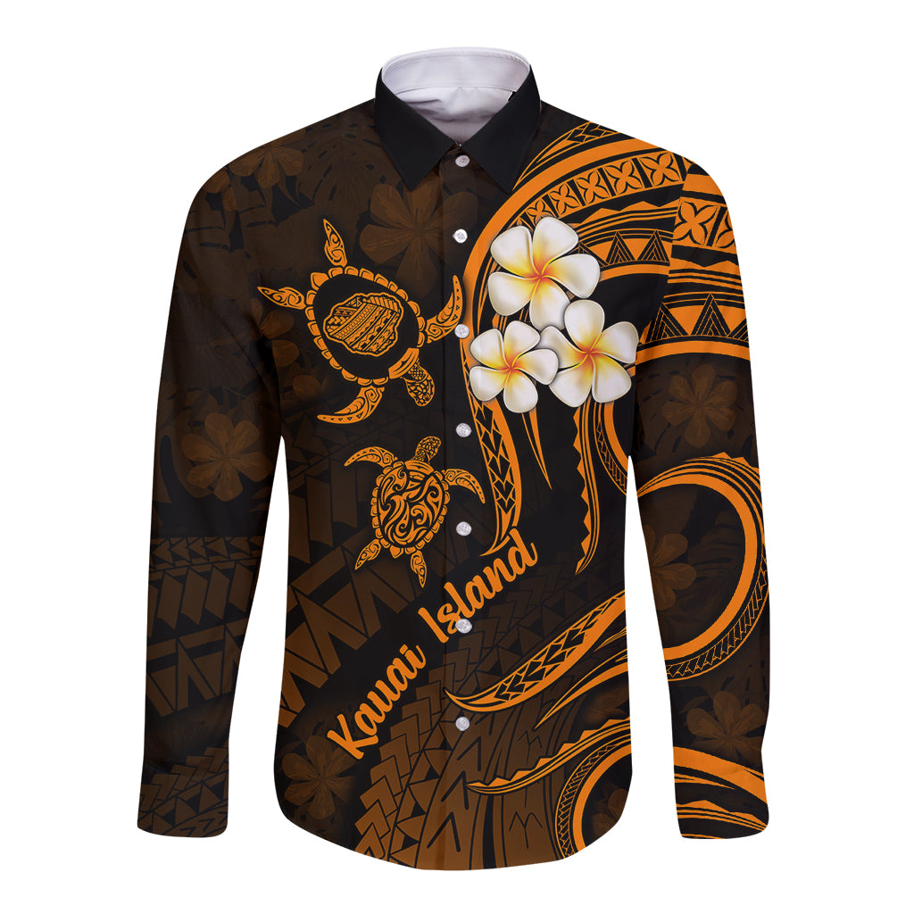 Hawaii Long Sleeve Button Shirt Kauai Islands Polynesian Sunset Plumeria Gold Vibe LT9 Unisex Gold - Polynesian Pride