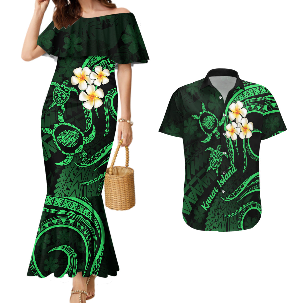 Hawaii Couples Mermaid Dress And Hawaiian Shirt Kauai Islands Polynesian Sunset Plumeria Green Vibe LT9 Green - Polynesian Pride