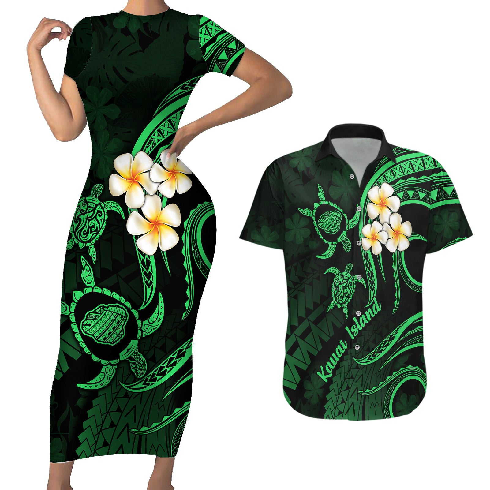 Hawaii Couples Short Sleeve Bodycon Dress and Hawaiian Shirt Kauai Islands Polynesian Sunset Plumeria Green Vibe LT9 Green - Polynesian Pride