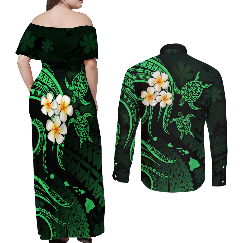 Hawaii Couples Off Shoulder Maxi Dress and Long Sleeve Button Shirts Kauai Islands Polynesian Sunset Plumeria Green Vibe LT9 - Polynesian Pride