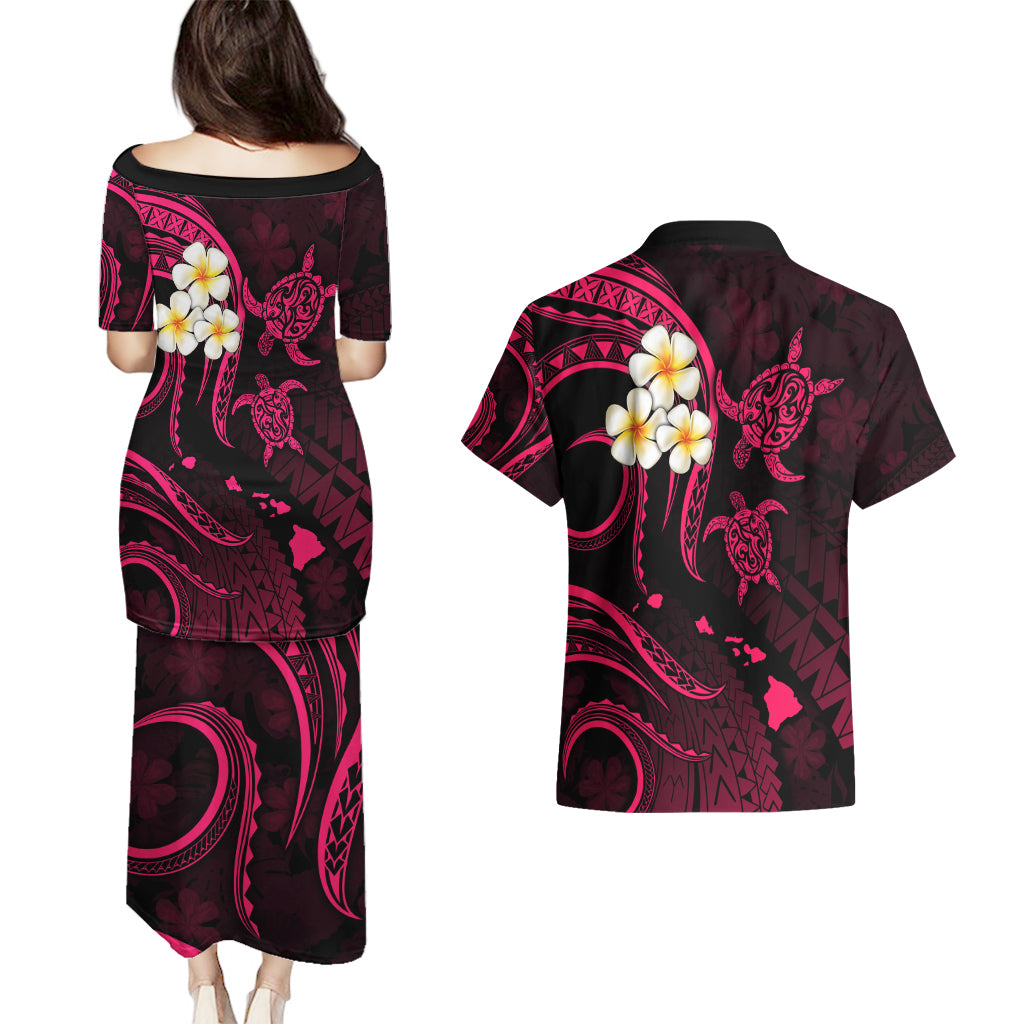 Hawaii Couples Puletasi Dress and Hawaiian Shirt Kauai Islands Polynesian Sunset Plumeria Pink Vibe LT9 - Polynesian Pride
