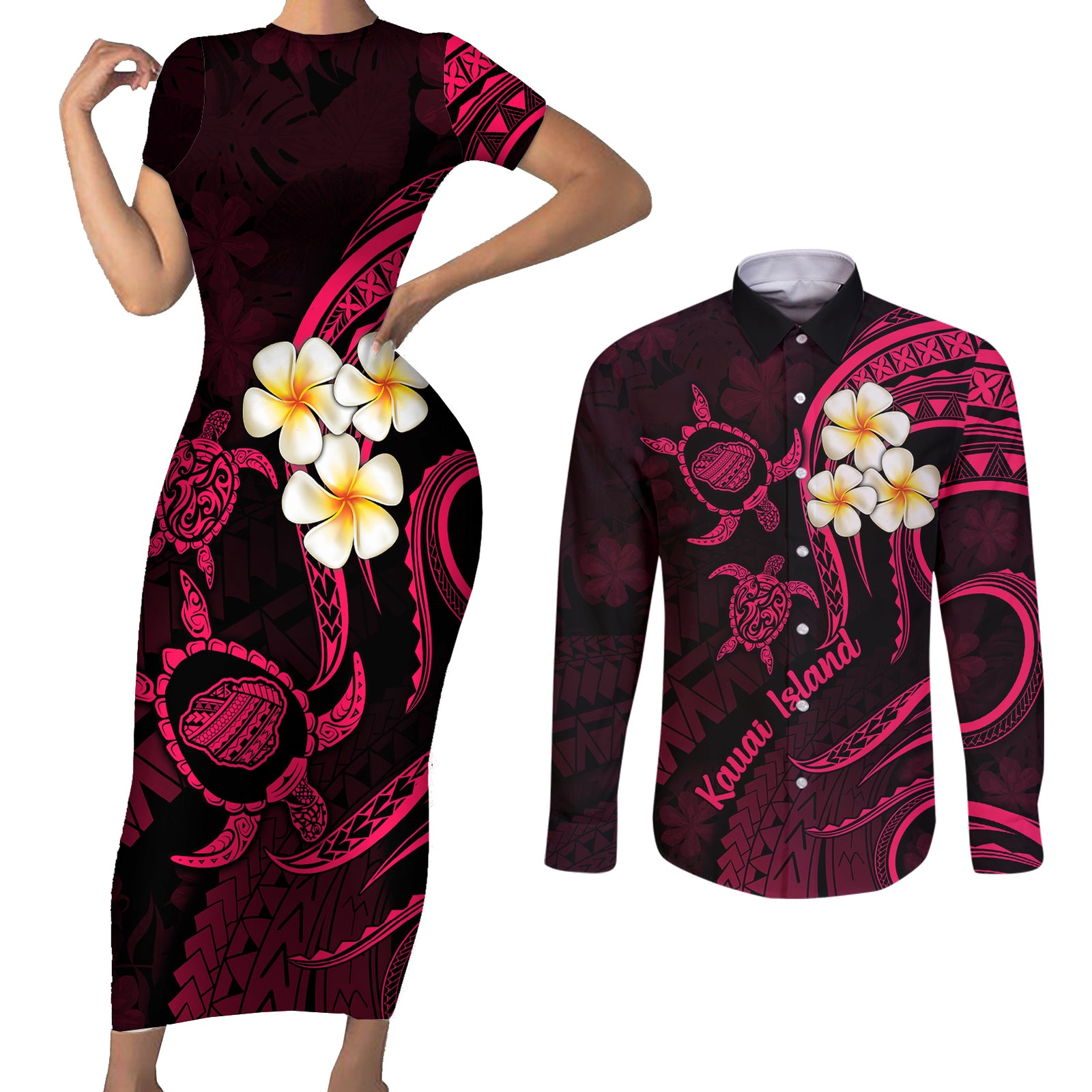 Hawaii Couples Short Sleeve Bodycon Dress and Long Sleeve Button Shirts Kauai Islands Polynesian Sunset Plumeria Pink Vibe LT9 Pink - Polynesian Pride