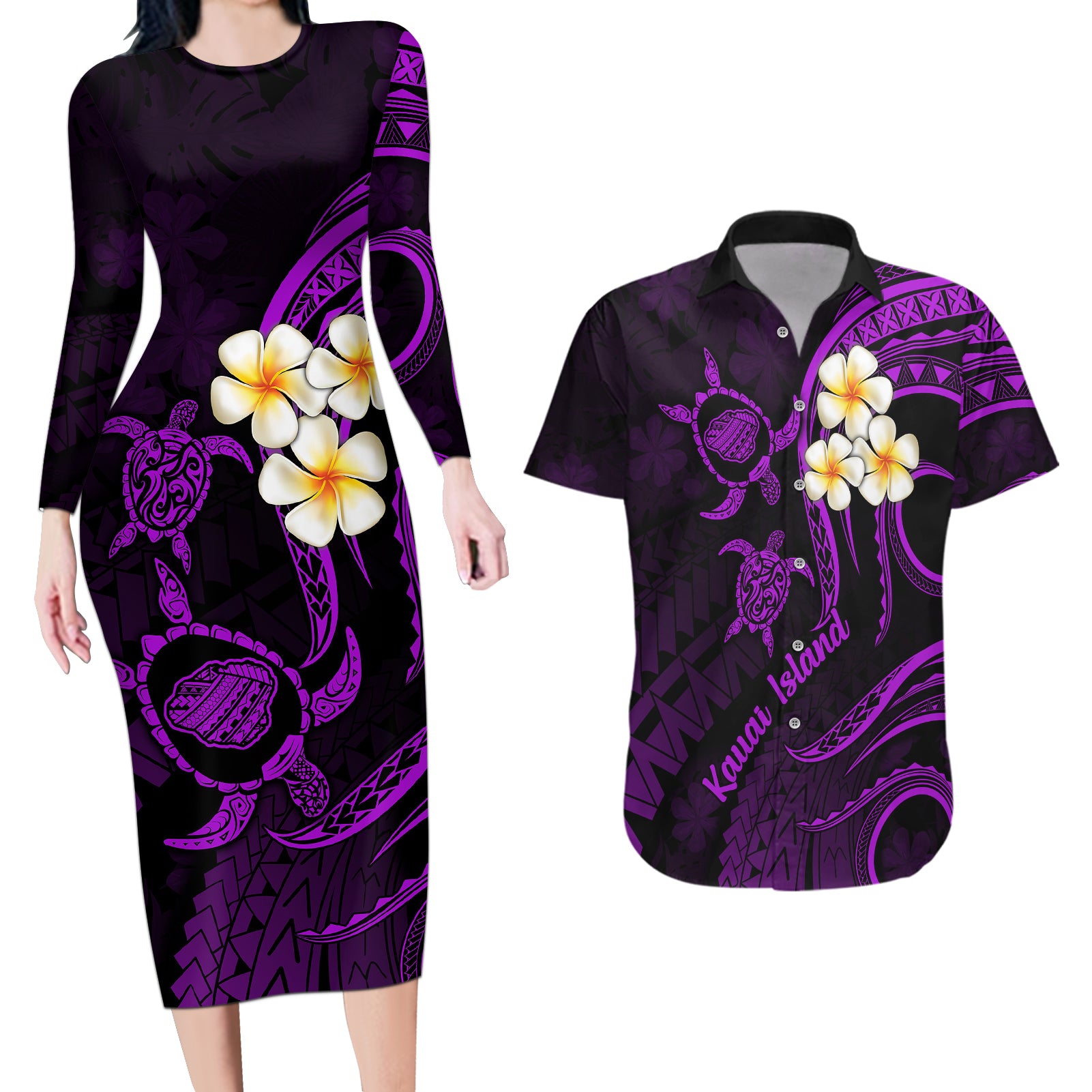 Polynesian Hawaii Couples Long Sleeve Bodycon Dress and Hawaiian Shirt Kauai Islands with Pacific Plumeria Purple Vibe LT9 Purple - Polynesian Pride