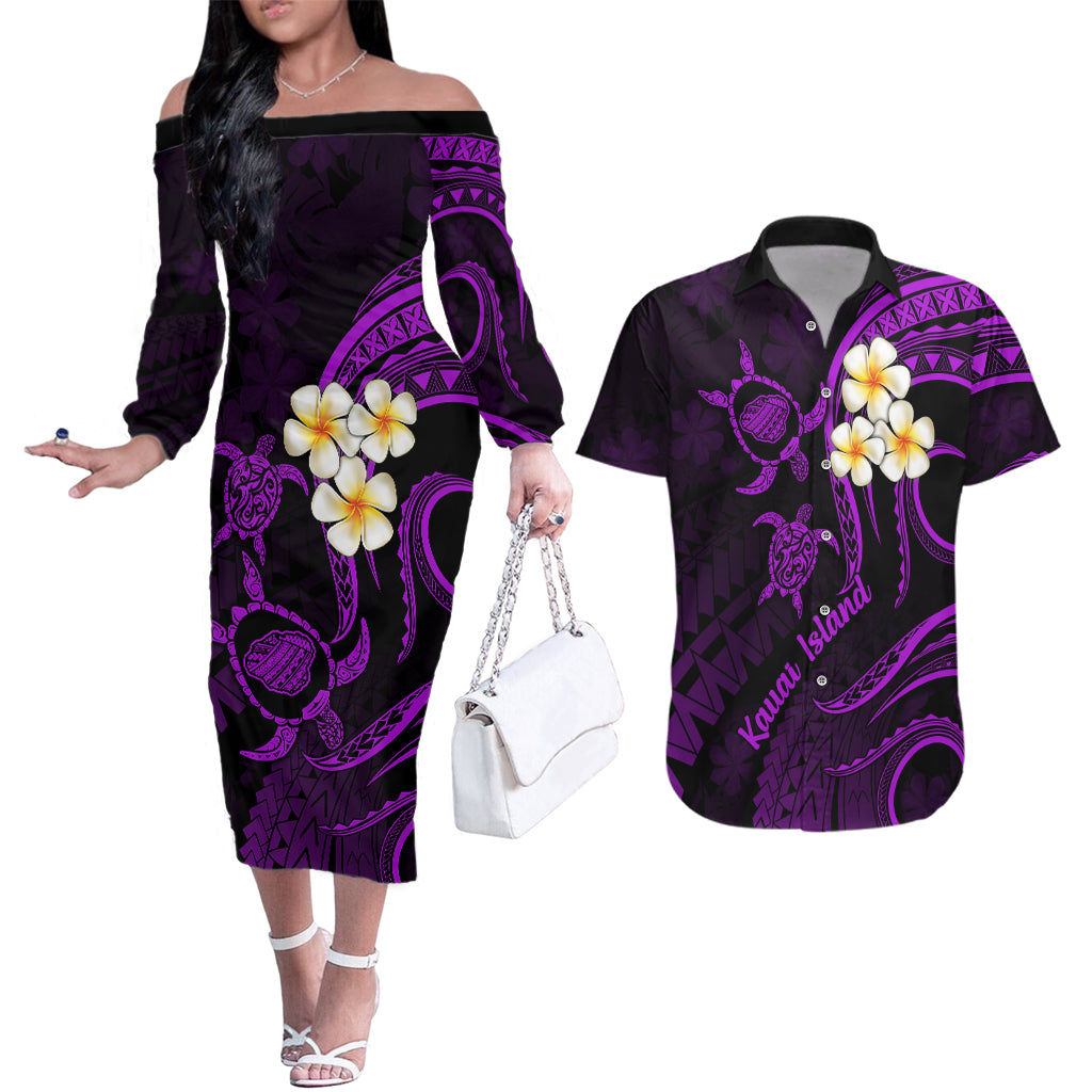 Polynesian Hawaii Couples Off The Shoulder Long Sleeve Dress and Hawaiian Shirt Kauai Islands with Pacific Plumeria Purple Vibe LT9 Purple - Polynesian Pride