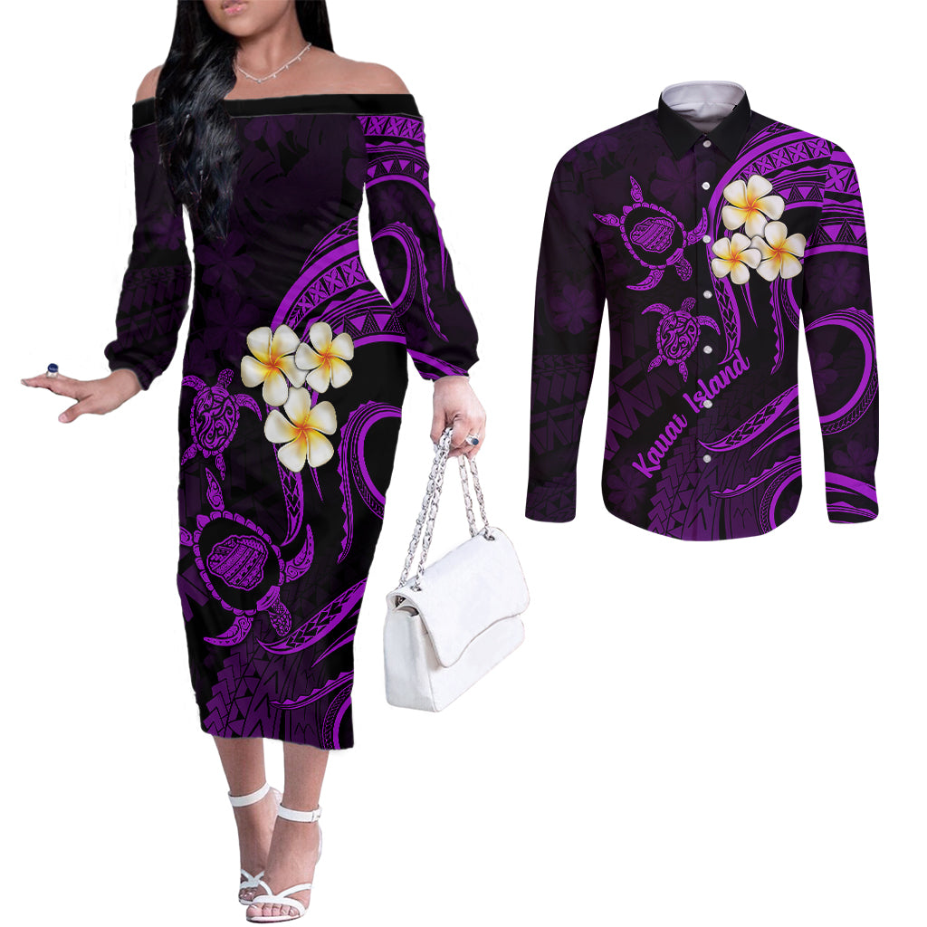 Polynesian Hawaii Couples Off The Shoulder Long Sleeve Dress and Long Sleeve Button Shirts Kauai Islands with Pacific Plumeria Purple Vibe LT9 Purple - Polynesian Pride