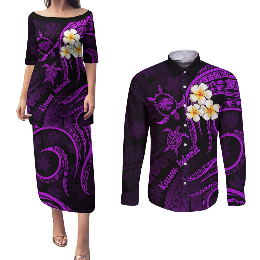 Polynesian Hawaii Couples Puletasi Dress and Long Sleeve Button Shirts Kauai Islands with Pacific Plumeria Purple Vibe LT9 Purple - Polynesian Pride
