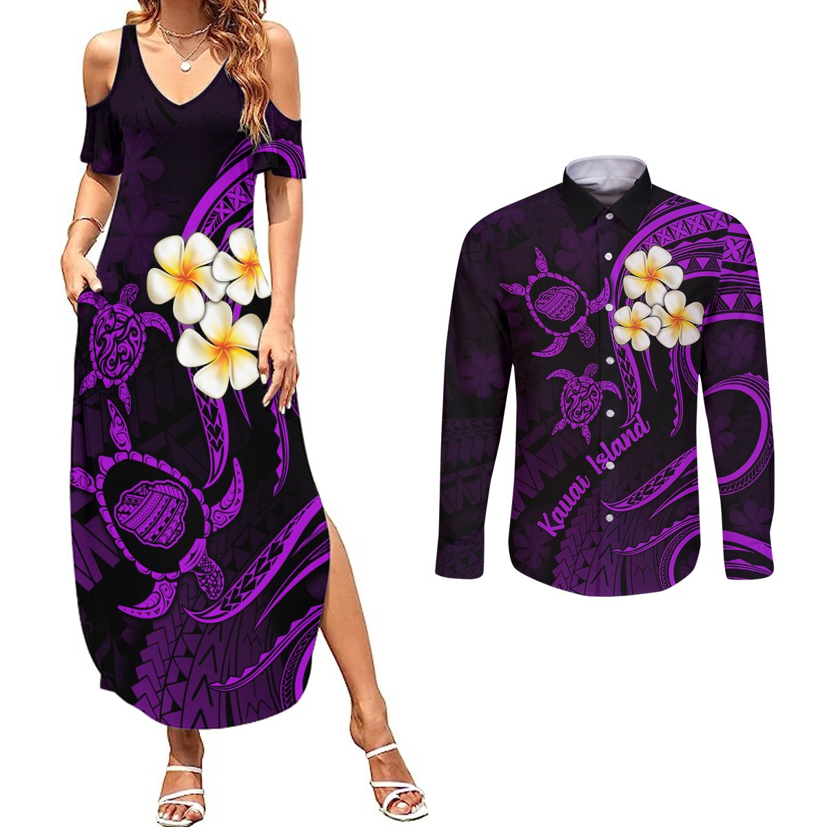 Polynesian Hawaii Couples Summer Maxi Dress and Long Sleeve Button Shirts Kauai Islands with Pacific Plumeria Purple Vibe LT9 Purple - Polynesian Pride