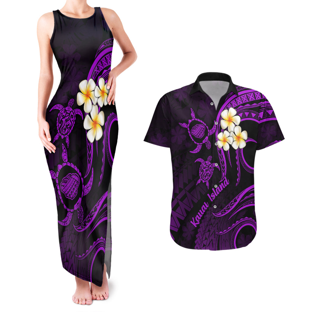 Polynesian Hawaii Couples Matching Tank Maxi Dress And Hawaiian Shirt Kauai Islands with Pacific Plumeria Purple Vibe LT9 Purple - Polynesian Pride