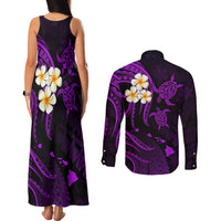 Polynesian Hawaii Couples Matching Tank Maxi Dress and Long Sleeve Button Shirts Kauai Islands with Pacific Plumeria Purple Vibe LT9 - Polynesian Pride