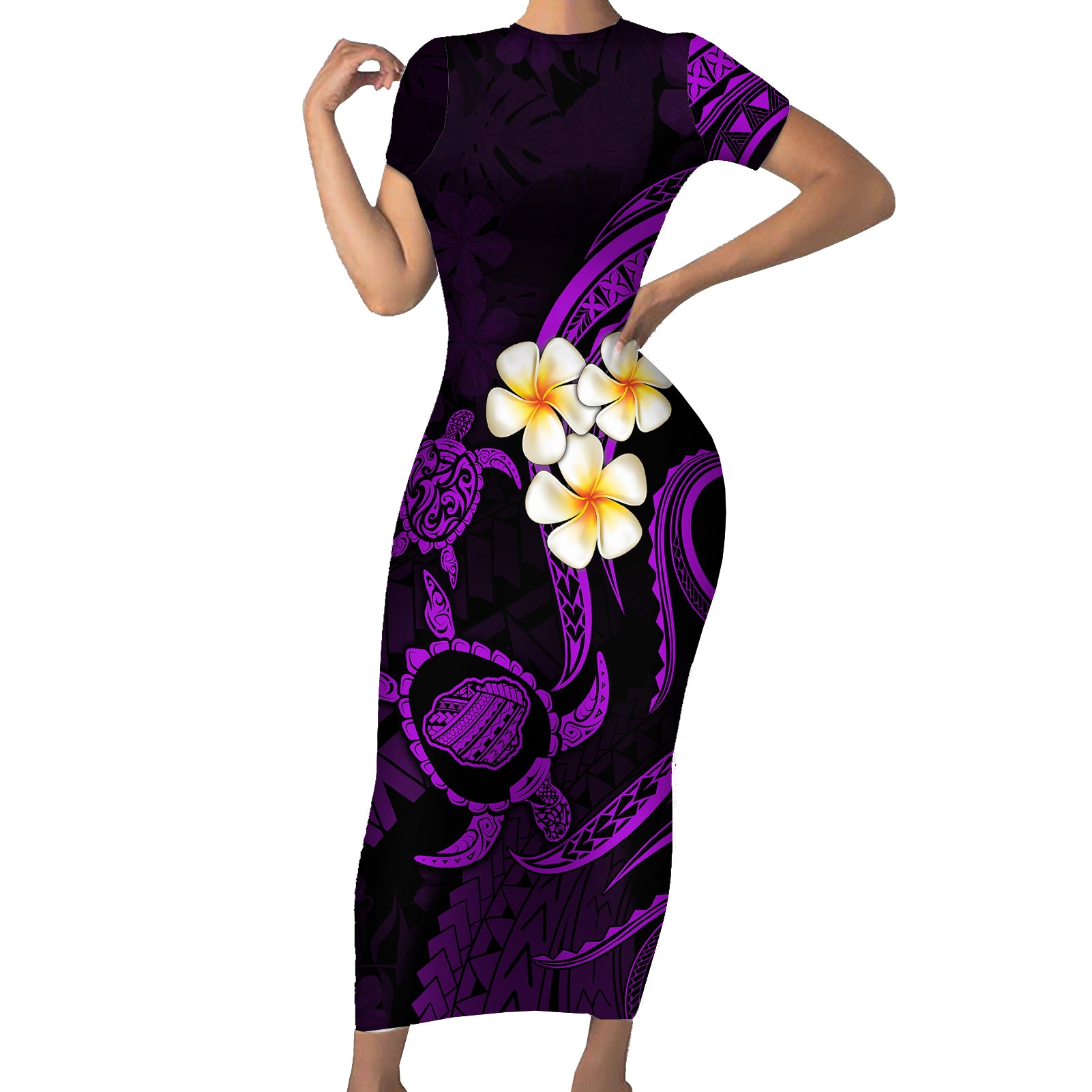 Polynesian Hawaii Short Sleeve Bodycon Dress Kauai Islands with Pacific Plumeria Purple Vibe LT9 Long Dress Purple - Polynesian Pride