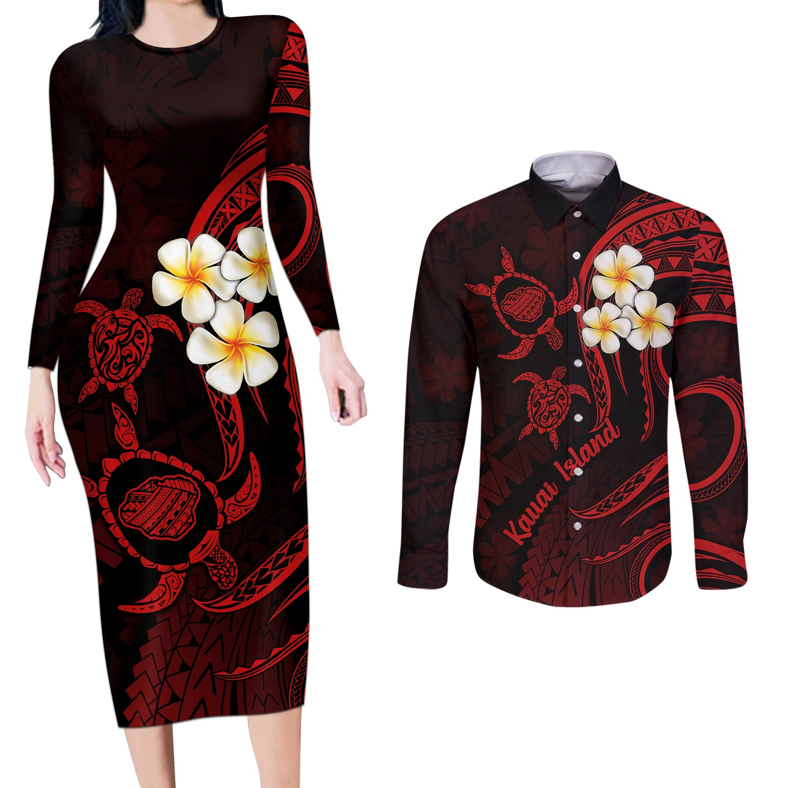 Polynesian Hawaii Couples Long Sleeve Bodycon Dress and Long Sleeve Button Shirts Kauai Islands with Pacific Plumeria Red Vibe LT9 Red - Polynesian Pride