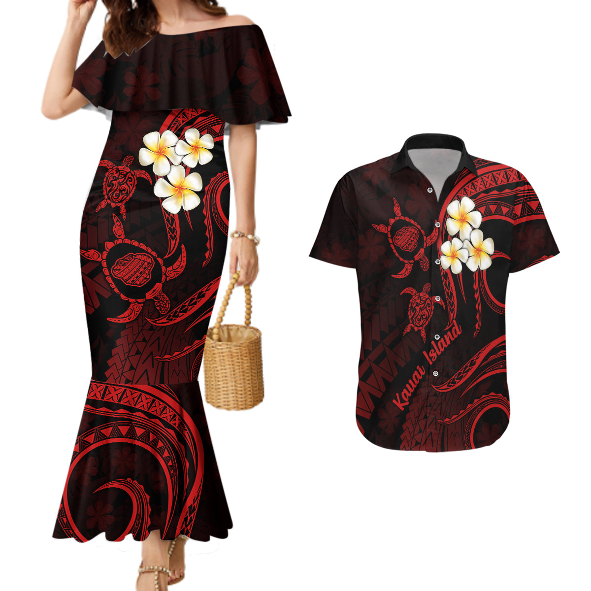 Polynesian Hawaii Couples Mermaid Dress And Hawaiian Shirt Kauai Islands with Pacific Plumeria Red Vibe LT9 Red - Polynesian Pride