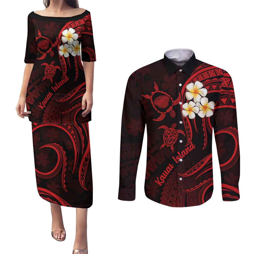 Polynesian Hawaii Couples Puletasi Dress and Long Sleeve Button Shirts Kauai Islands with Pacific Plumeria Red Vibe LT9 Red - Polynesian Pride