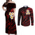 Polynesian Hawaii Couples Off Shoulder Maxi Dress and Long Sleeve Button Shirts Kauai Islands with Pacific Plumeria Red Vibe LT9 Red - Polynesian Pride