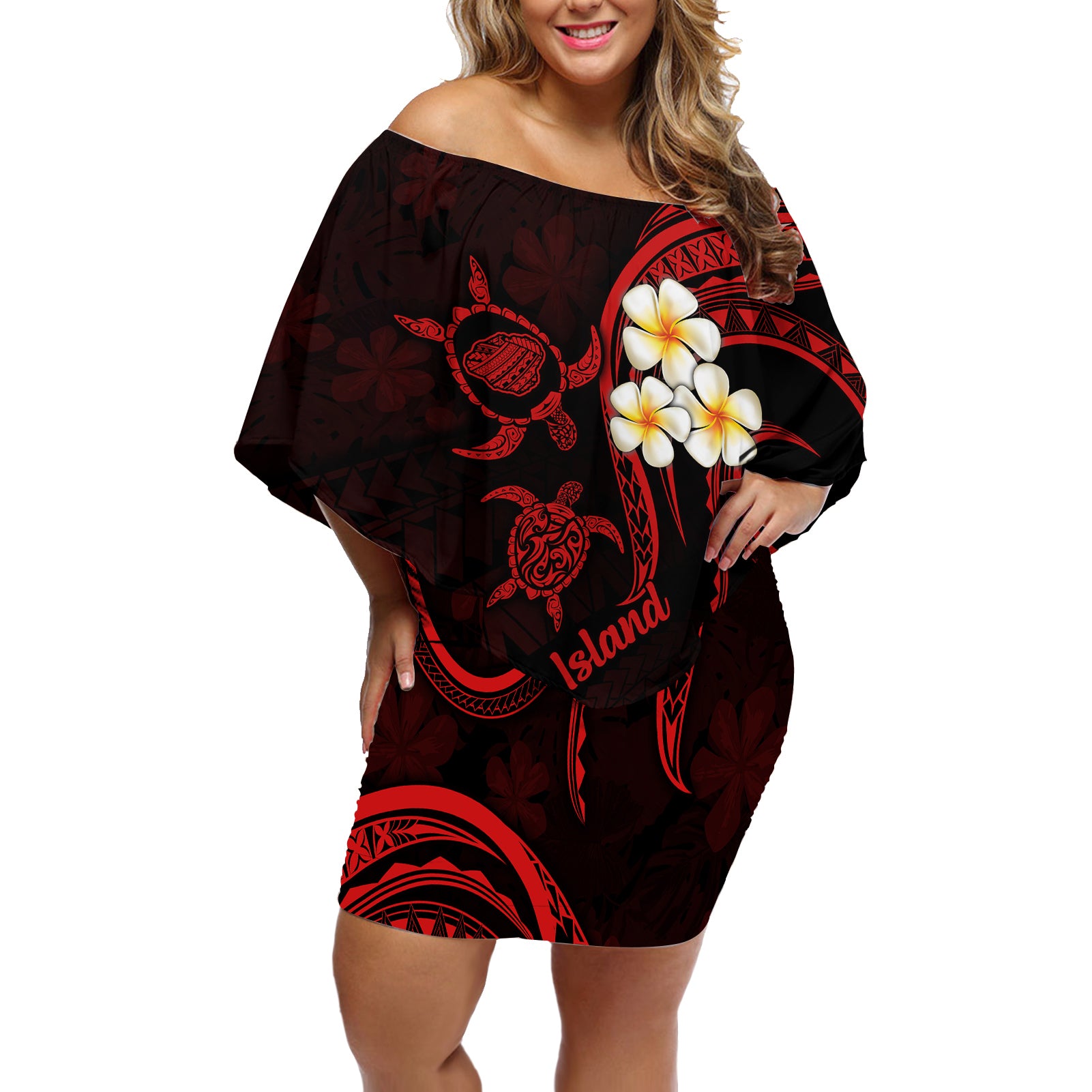 Polynesian Hawaii Off Shoulder Short Dress Kauai Islands with Pacific Plumeria Red Vibe LT9 Women Red - Polynesian Pride