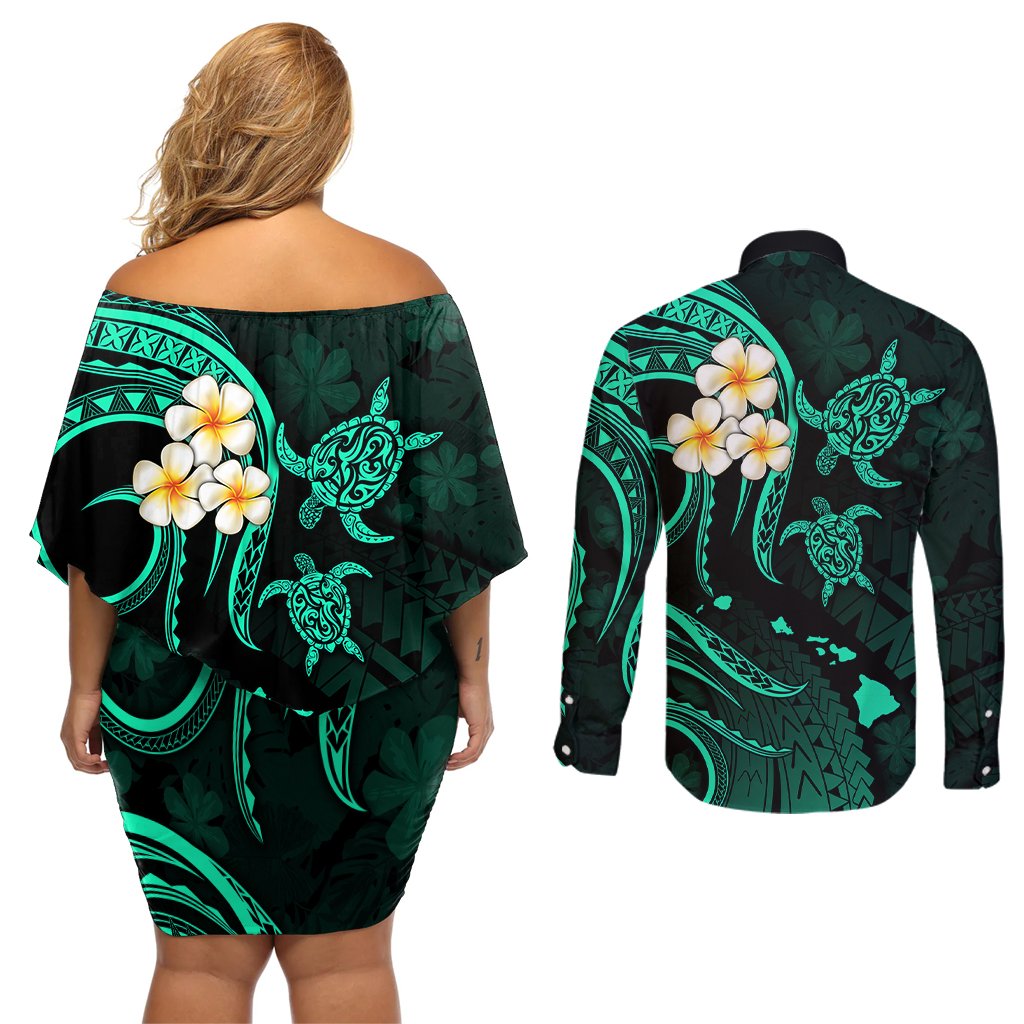 Polynesian Hawaii Couples Off Shoulder Short Dress and Long Sleeve Button Shirts Kauai Islands with Pacific Plumeria Turquoise Vibe LT9 - Polynesian Pride