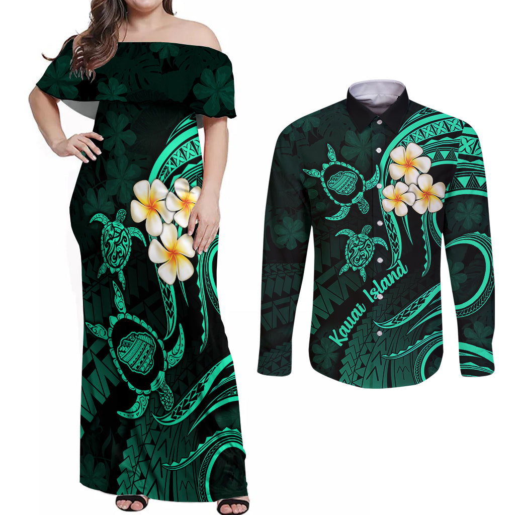 Polynesian Hawaii Couples Off Shoulder Maxi Dress and Long Sleeve Button Shirts Kauai Islands with Pacific Plumeria Turquoise Vibe LT9 Turquoise - Polynesian Pride