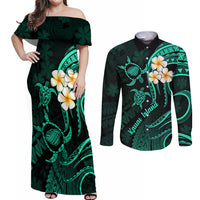 Polynesian Hawaii Couples Off Shoulder Maxi Dress and Long Sleeve Button Shirts Kauai Islands with Pacific Plumeria Turquoise Vibe LT9 Turquoise - Polynesian Pride